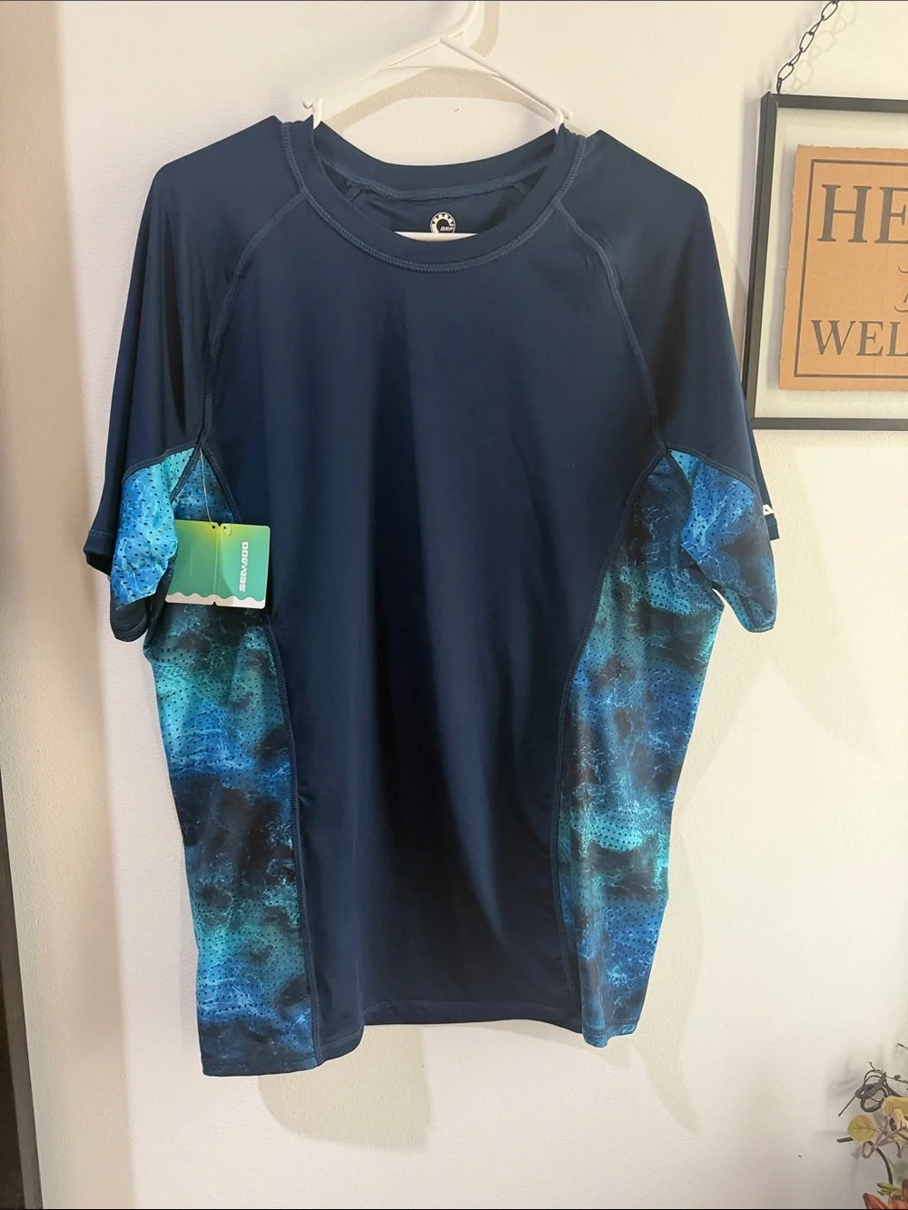 Men's Navy Blue Short Sleeve Swim Rash Guard with Teal Panels